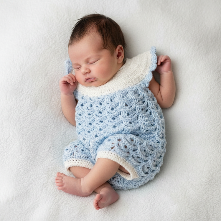 100% cotton newborn romper size 0-3 Light blue - handcrafted crochet