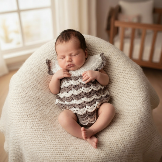 100% cotton newborn romper size 0-3 ecru dove gray - handmade crochet