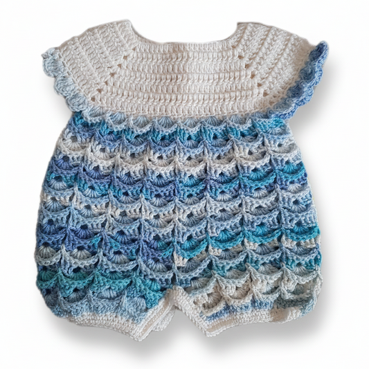 Pagliaccetto Neonato Fatto a Mano all'Uncinetto in Lana - Azzurro Sfumato Tg 0-3 Mesi