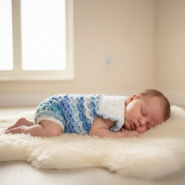 Pagliaccetto Neonato Fatto a Mano all'Uncinetto in Lana - Azzurro Sfumato Tg 0-3 Mesi