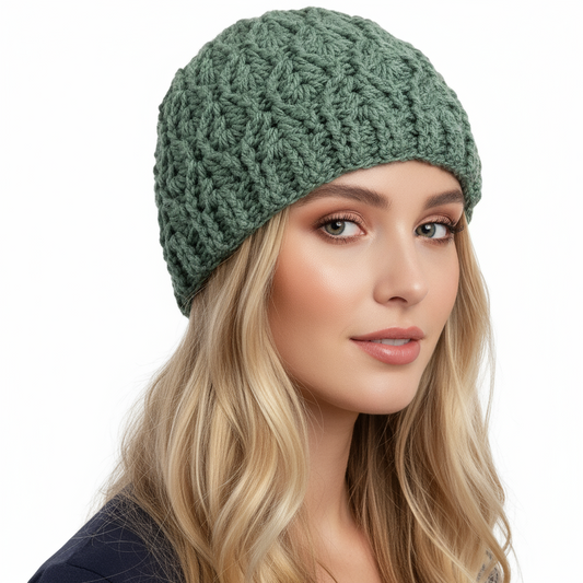 Women's wool INTRECCI handcrafted crochet cap GREEN