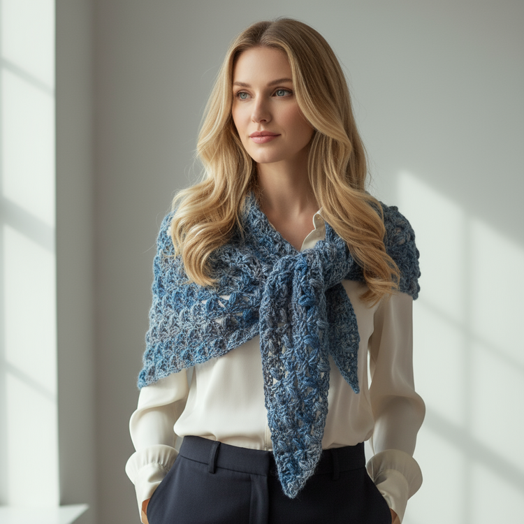 Wool shawl crocheted in light blue tones