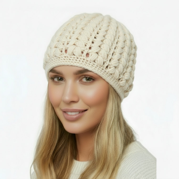 Women's wool pouff handmade crochet beanie in various colours
