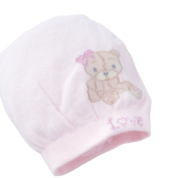 Warm cotton baby hat and shoes set with teddy bear