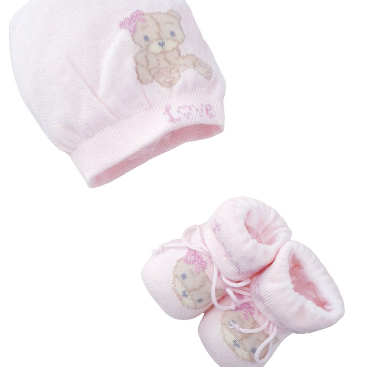 Warm cotton baby hat and shoes set with teddy bear