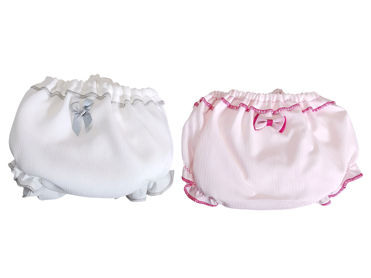 Newborn diaper panties with white bow and gray or pink edges