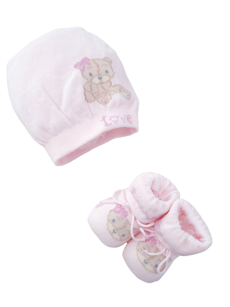 Warm cotton baby hat and shoes set with teddy bear