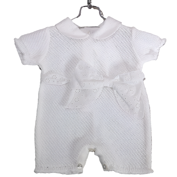 Newborn clinical romper in white thread with bow Size 0