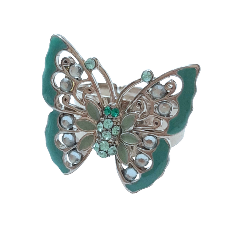 Silver tone BUTTERFLY ring with WATER GREEN enamel rhinestones - adjustable