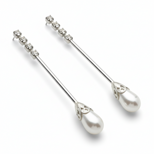 Orecchini Pendenti Tono Argento con Strass e Perla a Goccia - 5cm