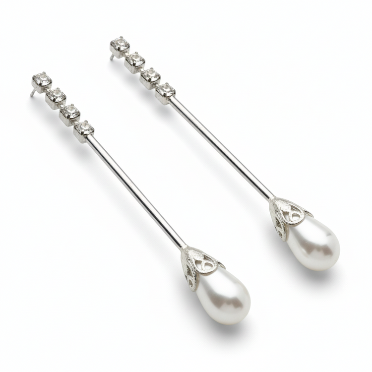 Orecchini Pendenti Tono Argento con Strass e Perla a Goccia - 5cm