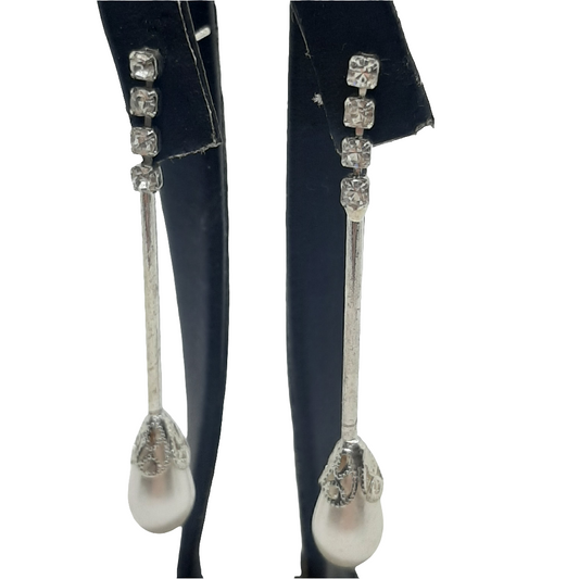 Orecchini Pendenti Tono Argento con Strass e Perla a Goccia - 5cm