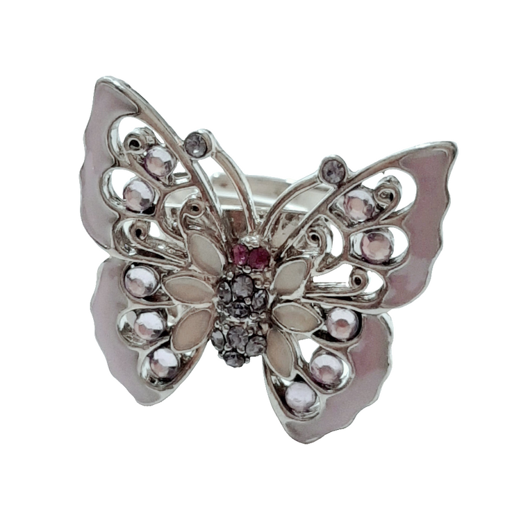 Silver tone BUTTERFLY ring with LILAC enamel rhinestones - adjustable