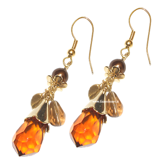 Orecchini pendenti donna tono oro perla goccia briolette goccia marrone