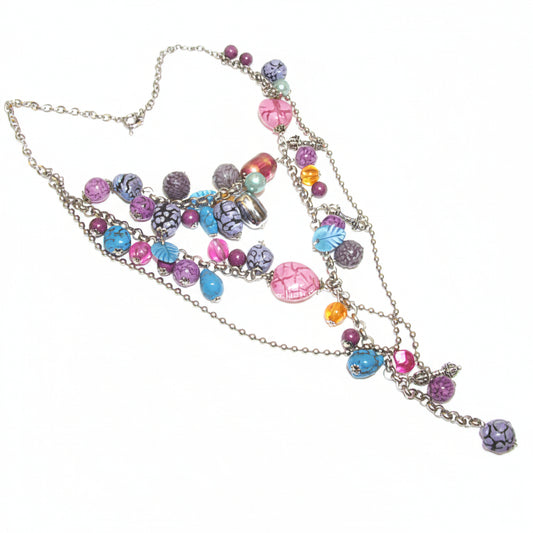 Collana Donna Multi-Filo Tono Argento con Charms Viola - Design Unico