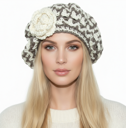 Basco Donna cappello berretto lana artigianale ZIG ZAG fiore