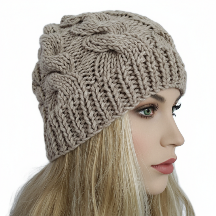 Handcrafted golden beige Trecce wool beanie hat for women