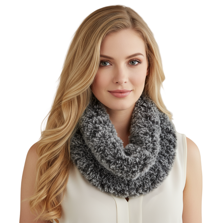 Infinity Scarf hand-knitted fur effect neck warmer - grey