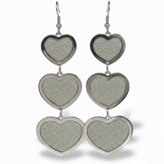 Orecchini Lunghi Tono Argento a Cuore con Glitter - 9.8cm Nickel Free