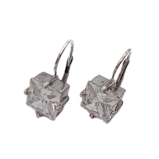 Women's 925 silver earrings with shiny square zircon hook, 10 mm