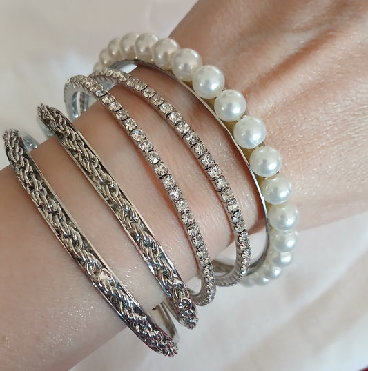 Bracciale set 5 bracciali strass bianco tono argento