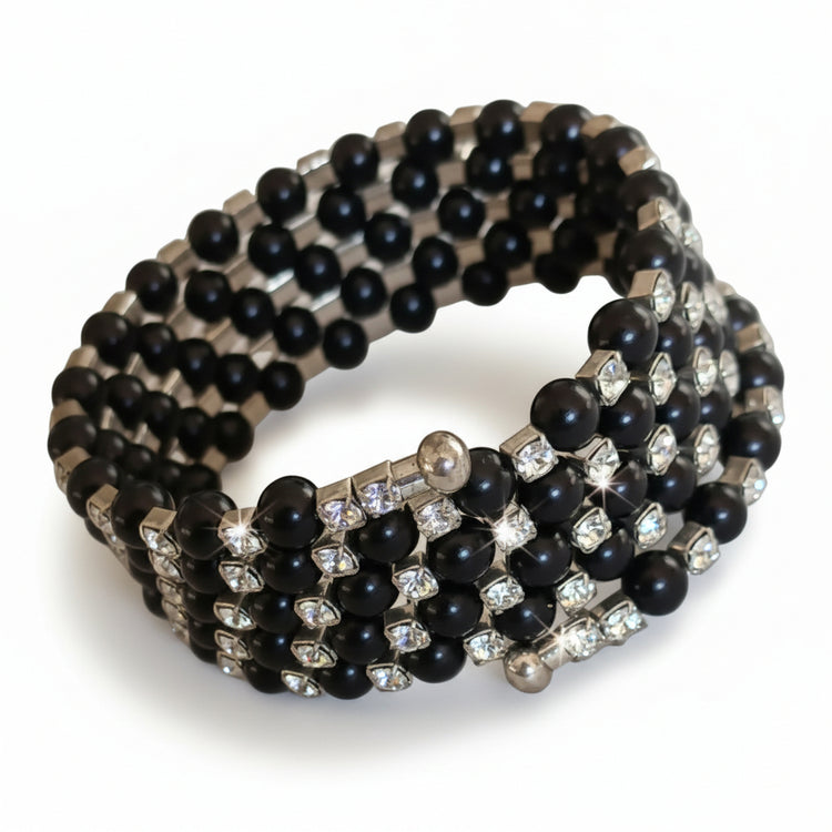 Bracciale a Spirale Perle Nere e Cristalli
