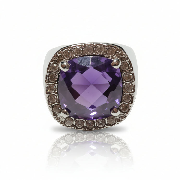 Grande anello donna metallo tono argento pietra viola