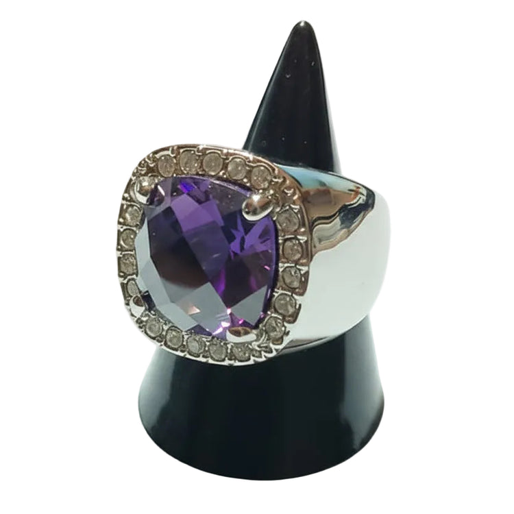 Grande anello donna metallo tono argento pietra viola