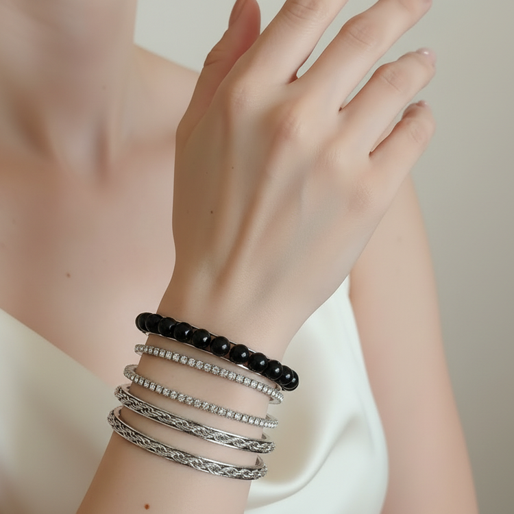 Bracciale set 5 bracciali strass nero tono argento