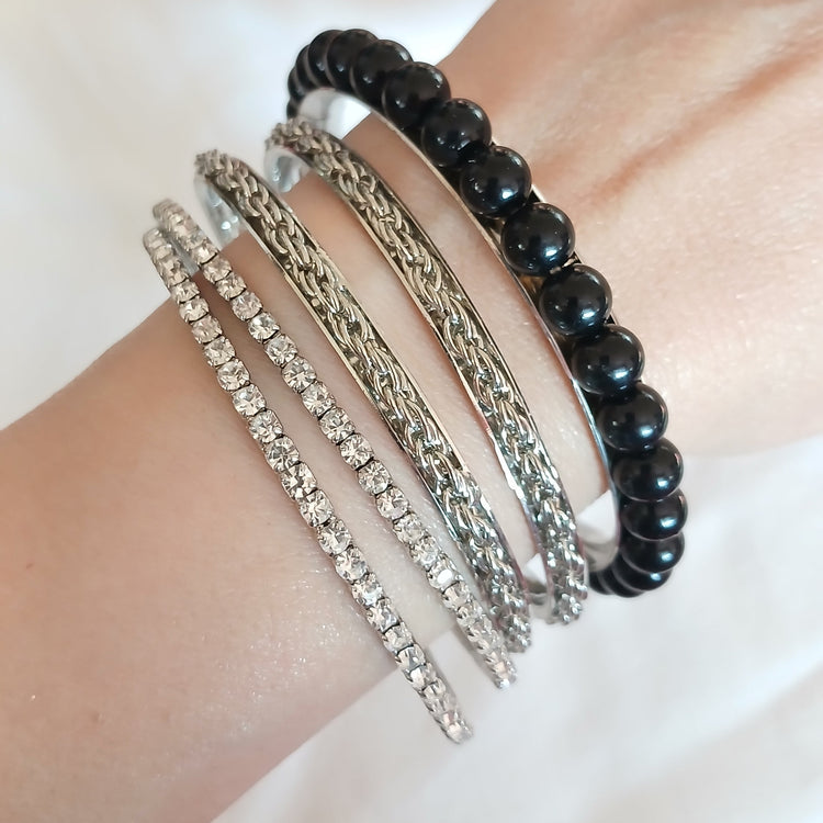 Bracciale set 5 bracciali strass nero tono argento