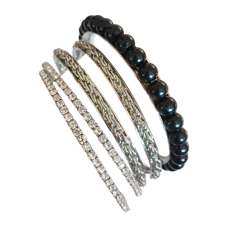 Bracciale set 5 bracciali strass nero tono argento