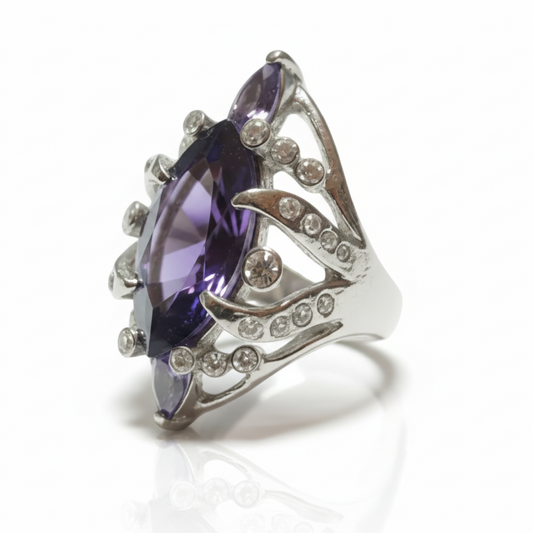 Anello Donna Pietra Viola e Strass Bianchi - Metallo Tono Argento AMIGDALA