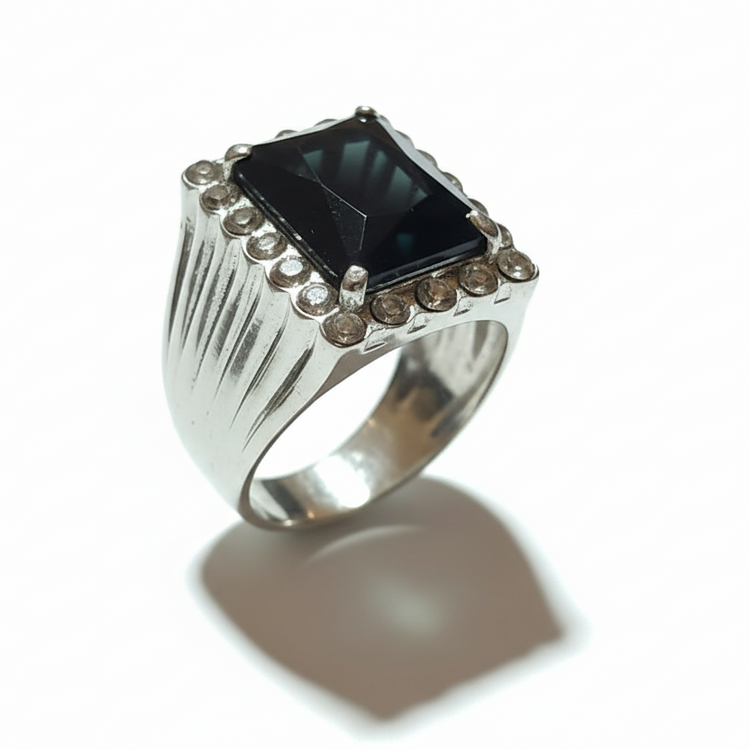 Anello Donna Statement Pietra Nera e Strass Fumè - Metallo Tono Argento