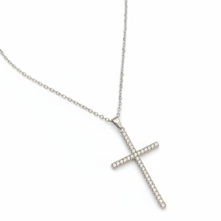 Collana con Ciondolo Croce e Zirconi Bianchi - Oro o Argento