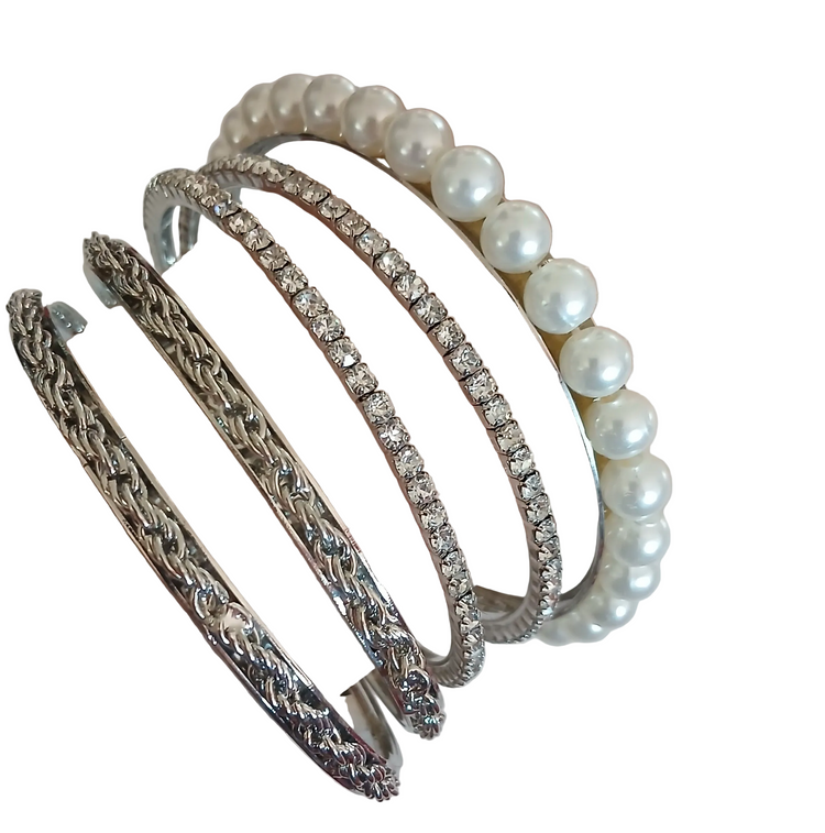 Bracciale set 5 bracciali strass bianco tono argento