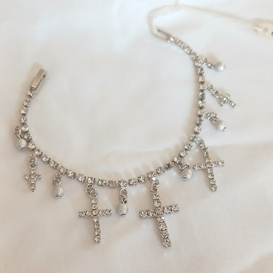Bracciale Tennis Strass con Ciondoli Croce Argento