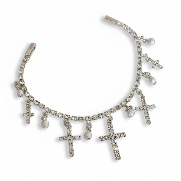 Bracciale Tennis Strass con Ciondoli Croce Argento