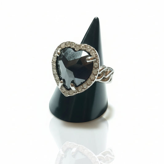 Anello Donna Cuore Pietra Nera e Strass Bianchi - Metallo Tono Argento