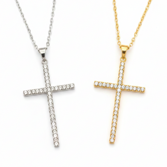 Collana con Ciondolo Croce e Zirconi Bianchi - Oro o Argento
