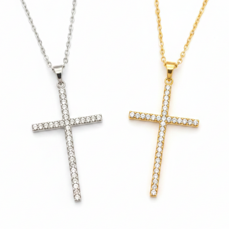 Collana con Ciondolo Croce e Zirconi Bianchi - Oro o Argento