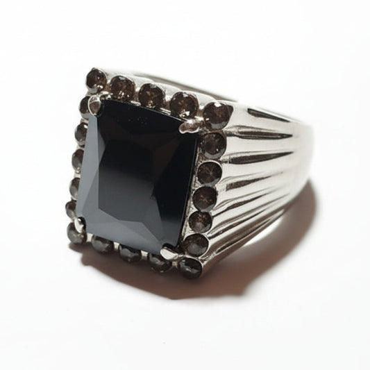 Anello Donna Statement Pietra Nera e Strass Fumè - Metallo Tono Argento