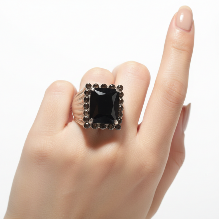 Anello Donna Statement Pietra Nera e Strass Fumè - Metallo Tono Argento