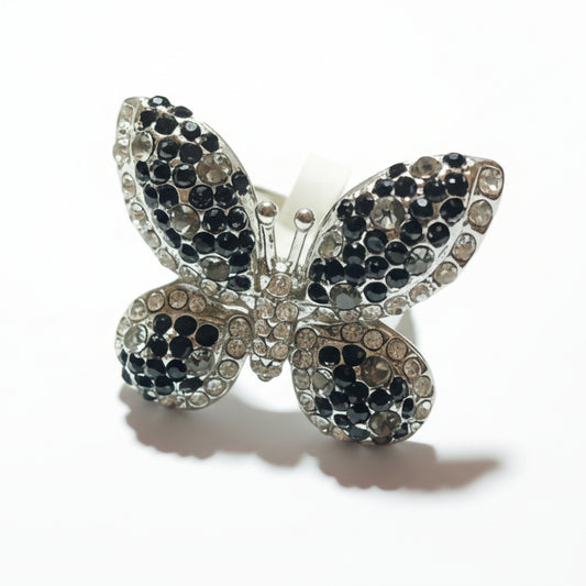 Anello Donna a FARFALLA strass bianchi e neri - Metallo Tono Argento