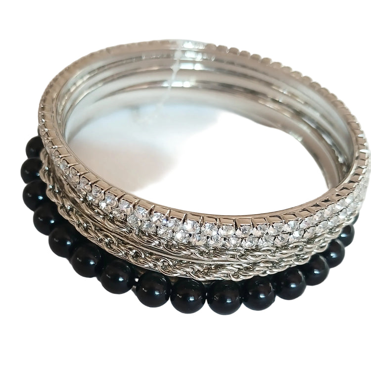 Bracciale set 5 bracciali strass nero tono argento