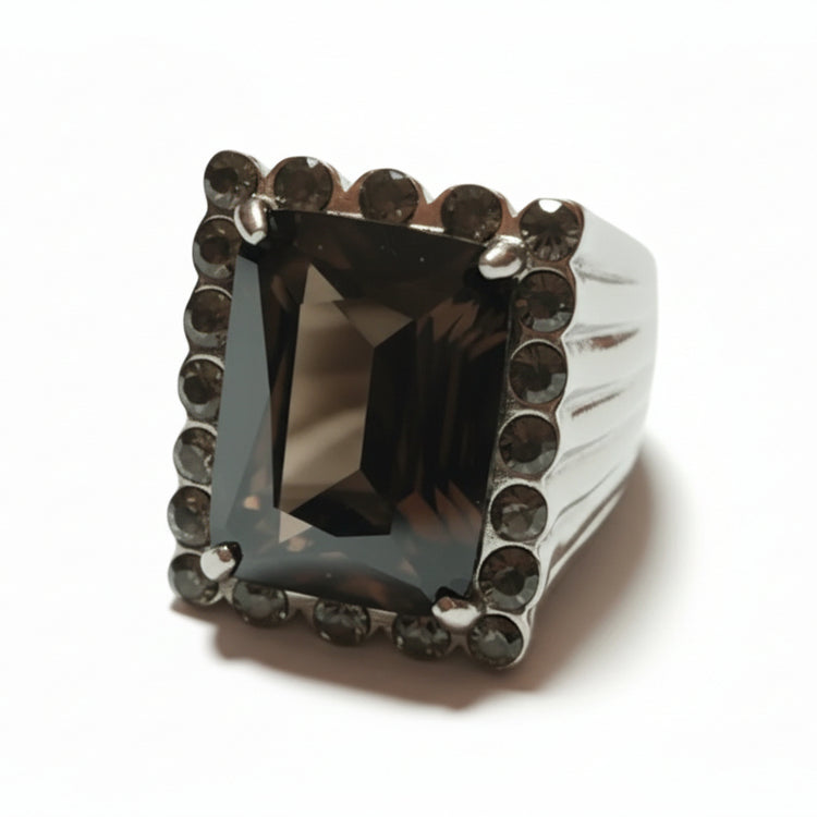 Anello Donna Statement Pietra Nera e Strass Fumè - Metallo Tono Argento