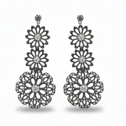 orecchini donna lunghi tono argento simil pelle strass FIORE- vari colori - Fairy Corner