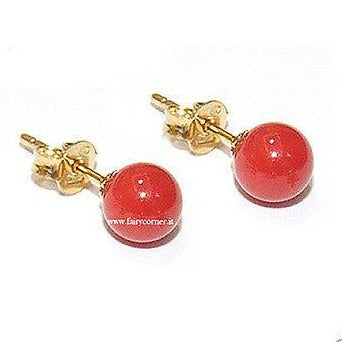 Orecchini in argento pl oro 18 kt pasta di corallo rosso 7 mm - Fairy Corner