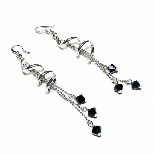 orecchini donna tono argento lucido lunghi pietre briolette nero - Fairy Corner