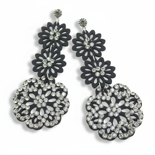 orecchini donna lunghi tono argento simil pelle strass FIORE- vari colori - Fairy Corner