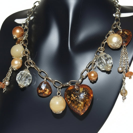 Collana donna tono oro charms perle cuore cristalli nero topazio ambra - Fairy Corner